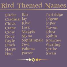 the bird themed names are in gold and purple