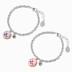 Claire's Best Friends Happy Donut Curb Chain Bracelets - 2 Pack Cute Nickel-free Charm Bracelet For Friendship, Playful Silver Jewelry For Friendship, Nickel Free Charm Bracelet For Friendship, Playful Charm Bracelet For Friendship, Cute Nickel-free Friendship Bracelets, Cute Hypoallergenic Charm Bracelet For Friendship, Kawaii Bracelet Jewelry For Friendship, Kawaii Friendship Bracelet Jewelry, Playful Round Bracelets For Friendship