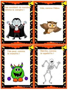 four different cards with pictures of halloween characters and words in french, english and spanish