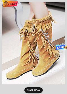 Studded Tassel Western Moccasin Boots Bohemian Suede Boots With Tassels, Western Boots With Tassels And Round Toe, Bohemian Fringe Boots With Round Toe, Winter Suede Boots With Tassels, Bohemian Style Fringe Boots With Round Toe, Fall Tassel Boots With Round Toe, Festival Boots With Tassels And Round Toe, Casual Fringe Boots With Round Toe, Casual Leather Boots With Tassels