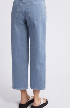 These railroad-striped cropped jeans have slouchy wide legs and a high-fitted waist with the holds-you-in sorcery of Magic Pockets in front. 26 1/2" inseam; 19" leg opening; 11 1/2" front rise; 15 1/2" back rise (size 29) Zip fly with button-tab closure Five-pocket style 99% cotton, 1% elastane Machine wash, tumble dry Imported Railroad Stripe Pants, Striped Wide-leg Denim Pants, Indigo Relaxed Fit Wide-leg Pants, Mid-rise Denim Wide Leg Pants With Frayed Hem, Indigo Pre-washed Straight Leg Bottoms, Cropped Jeans, Madewell, Wide Leg, Nordstrom