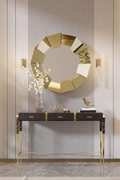 a console table with two drawers and a large round mirror on the wall behind it