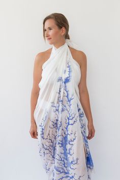 "Designer: Liga Kandele Material: 50% silk and 50% cotton blend lightweight fabric Colour: blue and white Size: 139 cm X 193 cm ( app. 54.7\" X 76\") Gift wrapped This super light silk cotton sarong with abstract coral reef and seashell print is personally hand painted beach sarong by me and it's unique piece of art to wear. It is perfect to bring with you in your travels, because it's very lightweight and you can wear it in many ways. Perfect beach cover up, wrap dress and shawl for evenings. I Scarf For Beach, Light Blue Scarf, Batik Sarong, Wedding Dresses Indian, Seashell Print, Sukienki Plus Size, Light Silk, Beach Sarong, Vacation Cruise