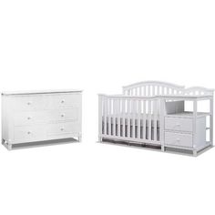 two white cribs and a dresser with drawers