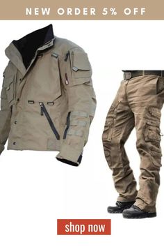 Men's Outerwear Coat Stand Collar Zipper Pocket Jacket Two Pieces Pants Set Winter Cargo Pants For Outdoor Activities With Multiple Pockets, Winter Combat Cargo Pants With Pockets, Winter Khaki Pants With Multiple Pockets, Winter Outdoor Cargo Pants With Pockets, Winter Outdoor Cargo Pants With Side Pockets, Military Cargo Pants With Multiple Pockets For Winter, Winter Combat Pants With Multiple Pockets, Winter Khaki Cargo Pants With Pockets, Khaki Cargo Pants For Winter Outdoor Activities