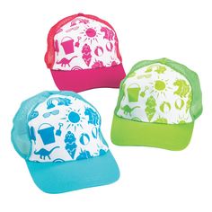 Hats make the perfect giveaway or prize, but they're especially great when they feature fun colors and summer images. These trucker hats manage to be both fun and functional, with mesh backing to keep heads cool and colors and designs that make the wearer look cool. Hand these hats out as giveaways or prizes and watch people smile as they put on the hat, grateful for the gift. Cotton. 24" circ. with adjustable strap. Retail-ready. © OTC Summer Mesh Hats One Size Fits Most, Summer Mesh Snapback Hat, Summer Mesh Hat One Size, Mesh Baseball Cap For Summer, Beach Mesh Trucker Hat, Mesh Trucker Hat For Beach, Summer Mesh Trucker Hat For Outdoor, Summer Mesh Baseball Cap, Mesh Trucker Hat For The Beach