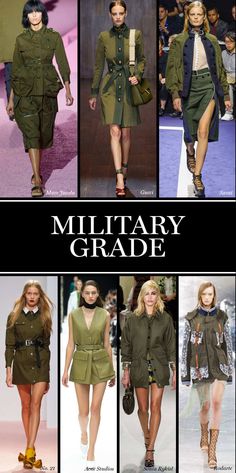 Military Grade A counterpart to the season's interest in free-loving bohemia, utilitarian, surplus styles in army green marched on the runways at Sacai, Marc Jacobs, and No. 21, among others. Look for a uniform of drab colors and exposed pockets next season.  Photo: Imaxtree Military Trends, Army Look, Safari Chic, Military Looks, Army Fashion, Army Uniform, Army Jacket