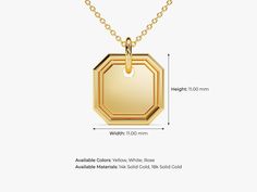 Personalize your style with our Octagon Tag Necklace in luxurious 14k Solid Gold. Meticulously crafted, this necklace features a sleek gold chain and a distinct octagonal tag pendant. The octagon shape adds a touch of modern elegance to this classic piece. FEATURES • Made to Order • Height: 11.00 mm • Width: 11.00 mm • Gold Kt: 14k Solid Gold, 18k Solid Gold • Available Colors: Rose Gold, Yellow Gold, White Gold • Available Length Range: 14 Inches - 20 Inches (Custom lengths are also available u Octagon Shape, Modern Elegance, Tag Necklace, Gold Yellow, Touch Of Modern, Gold Chain, Gold Chains, Solid Gold, 18k Gold