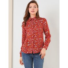 Elevate your style with the Allegra K Women's Floral Shirt, a perfect blend of elegance and versatility. This charming top features a point collar and long sleeves with button cuffs, designed to offer both comfort and sophistication.

- Gender: Female
- Age Group: Adult
- Material: Not specified
- Color: Red
- Size: Large
- Features: Point collar, long button sleeves, button-down front

Ideal for a day at the office or a casual outing, this floral shirt pairs effortlessly with skirts or skinny j Casual Floral Print Top For Office, Floral Print Collared Top For Office, Collared Floral Print Tops For Office, Collared Red Floral Print Shirt, Red Office Shirt For Spring, Red Collared Shirt With Floral Print, Casual Floral Print Workwear Shirt, Collared Red Shirt With Floral Print, Red Floral Print Top For Workwear