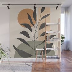 a living room with a large painting on the wall next to a chair and book shelf