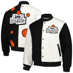 Mitchell & Ness collaborated with luxury sportswear brand Just Don to create this exclusive full-snap jacket for passionate NBA fans. Its two-tone design features soft chenille patches displaying "I Love This Game!" and basketballs on the front and back. Zippered pockets keep personal items secure in this stylish piece of NBA outerwear. Hand wash, dry flat Long sleeve Officially licensed Stand-up collar Material: 65% Wool/35% Viscose Imported Heat-sealed fabric appliques with embroidered and White Varsity Outerwear With Embroidered Logo, White Varsity Jacket With Embroidered Logo, White Varsity Jacket With Button Closure, Fall White Outerwear With Embroidered Logo, White Varsity Jacket With Embroidered Logo For Streetwear, Varsity Jacket With Snap Buttons For Streetwear, Streetwear Varsity Jacket With Snap Buttons, White Sporty Outerwear With Baseball Collar, White Varsity Jacket With Embroidered Logo For Winter