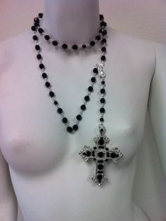 Crystal Rosary style necklace with large by MariannaHarutunian, $135.00 Cross Necklace With Beads, Gothic Rosary Necklace, Gothic Stuff, Crystal Rosary, Rosary Cross, Estilo Punk Rock, Rosary Style Necklace, Black Jet, The Embrace