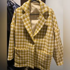 Brand New, Never Had Tags, Hand Made Wool Jacket. This Is A Beautiful Jacket And I Am So Sad, But It Is Simply Too Big For Me And I Am Not Able To Return It. Yellow Outerwear With Lapel Collar For Work, Yellow Lapel Collar Outerwear For Work, Yellow Winter Workwear Outerwear, Yellow Winter Outerwear For Work, Chic Mustard Outerwear For Work, Yellow Single Breasted Blazer For Fall, Yellow Single-breasted Blazer For Fall, Chic Yellow Blazer With Lapel Collar, Chic Yellow Single Breasted Outerwear