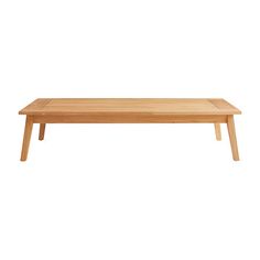 a wooden table with two legs and a long shelf on the top, against a white background