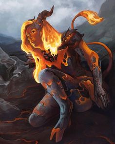 a painting of a woman sitting in the middle of a mountain with fire coming out of her body