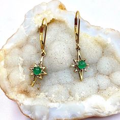 These Celestial 18k Emerald Northern Star dangle beauties are the perfect every day wear pair or Earrings Perfect gift for the one you love or the Love of self. Free worldwide shipping! Custom orders welcomed (Can be custom ordered with different stones) Emerald Energy: Divine Love, Rejuvenation, Manifestation Compassion, Heart Chakra Single Star-shaped 14k Gold Earring, 14k Gold Star-shaped Single Earring, Celestial 14k Gold Dangle Earrings, 14k Gold Celestial Dangle Earrings, 14k Gold Celestial Earrings As Gift, Star-shaped Fine Jewelry Earrings For Gifts, Everyday Star-shaped Yellow Gold Earrings, Star-shaped Earrings With Lever Back For Gifts, 14k Gold Star Earrings Gift