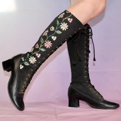 "🥀 Vintage 60s 🥀 Floral embroidered lace up front granny gogo boots   SO AMAZING  Label: Eskipets by Dunham Labeled as a size US 8.5, however fit closer to a size 7.5/8  🦚 MEASUREMENTS 🦚 Insole: 9.5\"  Heel height: 2\" Total height: 16\" Top of calf (can be made wider by lacing) 12.5\" closed Overall great vintage condition The insoles are missing Minimal scuffing on the heels The floral embroidery up the sides is to die for So beautiful in person, pics don't due them justice  #60s #70s #vin 60s Floral, Embroidered Boots, Gogo Boots, 70s Vintage, Pretty Shoes, Vintage 60s, Embroidered Lace, Look Cool, Boot Shoes Women