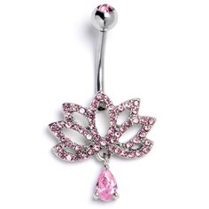 a pink jeweled belly ring with a dangling navel bar in the shape of a leaf