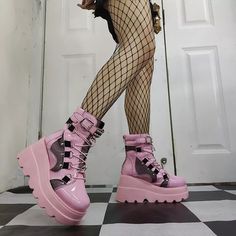 Theme - Y2K · sugarplum · Online Store Powered by Storenvy Goth Boots Women, Goth Boots, Lace Wedges, Punk Women, Chunky High Heels, Wedge Ankle Boots, Fishnet Tights, High Heel Boots Ankle