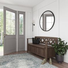 a wooden bench sitting in front of a door next to a potted plant on top of a rug