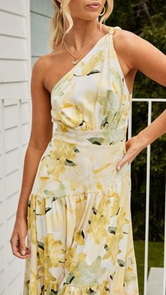 Maxi dress One shoulder  Knot detail in shoulder strap Gathered feature on bust and waist Yellow Floral Maxi Dress, Natural Models, Dress One Shoulder, Daily Dress, Maxi Dresses Casual, Printed Midi Dress, Floral Maxi, Yellow Floral, Yellow Dress