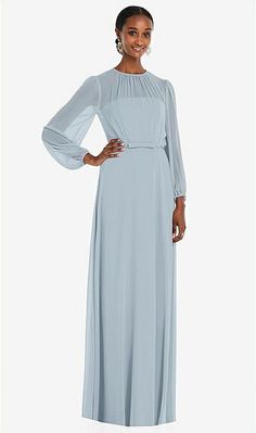 Strapless Chiffon Maxi Bridesmaid Dress With Puff Sleeve Blouson Overlay In Mist | The Dessy Group Chiffon Puff Sleeve, Maternity Bridesmaid Dresses, Dessy Collection, Long Sleeve Evening Gowns, Designer Midi Dresses, Maxi Bridesmaid Dresses, Romantic Evening, Chiffon Gown, Satin Gown