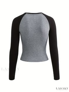 Lasaky - Contemporary Colorblock Crew Neck T-Shirt: Stylish Long Sleeve Top for Spring & Fall, Womens Apparel Sporty Gray Patchwork Top, Sporty Gray Tops With Patchwork, Fitted Gray Color Block Tops, Black Stretch Color Block Tops, Black Stretch T-shirt With Patchwork, Black Stretch Patchwork T-shirt, Stretch Black Patchwork T-shirt, Fitted Crew Neck T-shirt With Splicing, Fitted Black Color Block Tops