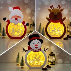 three christmas lights with santa claus and snowman in the middle one is lit up