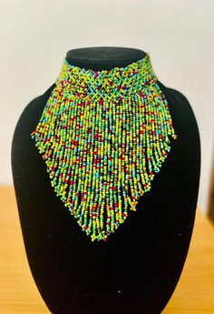 African Maasai handmade beaded necklace choker | fringe necklace | green multicoloured Artisan Green Jewelry For Festival, Unique Green Choker For Festival, Unique Green Festival Choker, Artisan Green Jewelry With Tiny Beads, Traditional Multicolor Beaded Fringe Necklaces, Traditional Multicolor Beaded Necklaces With Fringe, Traditional Multicolor Beaded Necklace With Fringe, Artisan Multicolor Beaded Necklaces With Fringe, Artisan Multicolor Beaded Necklace With Fringe