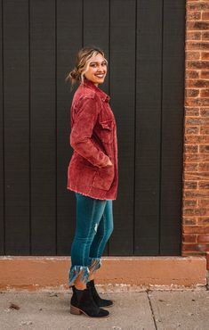 This long sleeve corduroy jacket is screaming winter trends. The button down front and distressed detail is so perfect for the chic and boho look. I kept this for myself and wear it all the time already! Layer with your favorite plaid or top and wear it dressy or you can wear it casual! This is a relaxed fit, so if you like it to fit a little more fitted then size down. I am normally a small/medium and kept the size small. 100% Cotton Bohemian Long Sleeve Outerwear With Frayed Hem, Casual Distressed Fall Outerwear, Casual Fall Distressed Outerwear, Trendy Washed Outerwear For Fall, Trendy Washed Shacket, Trendy Washed Shacket For Fall, Trendy Washed Fall Outerwear, Long Sleeve Washed Shacket For Fall, Washed Long Sleeve Shacket For Fall