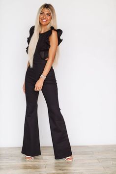 We love this ruffle sleeve denim jumpsuit. It has flare jean legs and is so comfy and stretchy. Fit: True to size with stretch making it an easy fit. Models are 5'5 and 5'6 wearing size small. #denimjumpsuitblack #jumpsuitsforwomen #jumpsuitolive #jumpsuitoutfit #jumpsuitfashion Group Boards, Black Ruffle