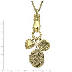 Introducing the Fashion 1928 Jewelry Brass-Tone Necklace, an elegant piece that combines timeless beauty with a touch of nostalgia. This exquisite 30-inch fancy chain features a striking brass-tone hand holding an oval 28mm locket, complemented by a polished heart charm. The locket opens to reveal two photo slots, perfect for keeping cherished memories close. The necklace’s lobster clasp ensures a secure and stylish fit. Ideal for adding a vintage flair to any outfit, the Fashion 1928 Jewelry Br 1928 Jewelry, Hand Holding, 2 Photos, Chain Lengths, Heart Charm, Crystal Glass, Chain Length, Primary Color, Timeless Beauty