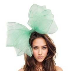 Hats By Cressida Kentucky Derby Ascot Fascinator Hats Mint Green Cliverina Gorgeous Sinamay Bow Fascinator This mint green headpiece base measures about 16 inches wide This fascinator is mounted with matching headband This formal hat  is ideal for any occasion like Kentucky Derby, Royal Ascot, Ladies Day,Wedding Guests, Mother of the Bride, Cocktails and Garden Parties If you prefer a headband to match your hair, please make a note at check out what colour headband you want. We make each hat to Chic Hair Accessories For Spring Party, Chic Summer Evening Hair Accessories, Chic Formal Spring Hair Accessories, Chic Spring Formal Hair Accessories, Party Hat With Bow For Royal Ascot, Summer Evening Fascinator Headband, Kentucky Derby Fascinator With Bow, Chic Kentucky Derby Headband Fascinator, Royal Ascot Party Fascinator With Bow