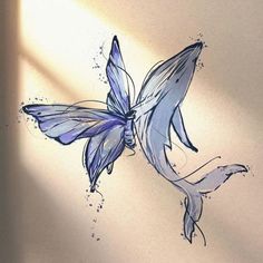 a drawing of a blue butterfly flying through the air