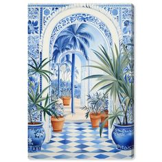 a blue and white tile wall with potted plants on it in front of an archway