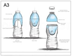 three different types of water bottles are shown in this diagram, with the names and description below