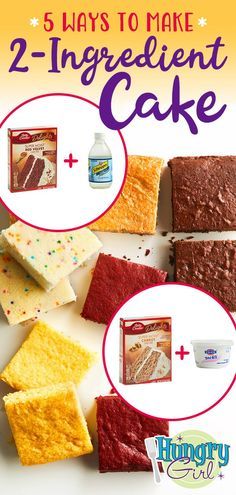 there are different types of cake on the table with text overlay that says, 5 ways to make 2 - ingredient cake