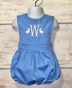 We are in love with this new periwinkle blue romper for boys. Great for any occasion. Buy it blank and add your own design or with our new Bunny/monogram design in white to match the white piping trim. Button back , elastic legs and snap crotch for easy changing. available in five fabric colors.  *please leave a message of the fabric color desired.  Machine washable and dryer safe. For best results wash inside out and hang to dry.  No exchanges or returns on custom orders. But please message me Hand Smocking Tutorial, Bunny Monogram, Easter Romper, Hand Smocking, Smocking Tutorial, Future Children, Blue Romper, Boys Easter, Easter Outfit