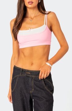 This soft cropped cami is crafted from stretch cotton and designed in a layered silhouette. Scoop neck Adjustable straps 95% cotton, 5% spandex Machine wash, dry flat Imported Bra Top Outfit, Visionary Fashion, Top Summer Outfits, Cropped Camisole, Cropped Cami, Cute Bow, Top Graphic Tees, Pink Bra, Bra Top