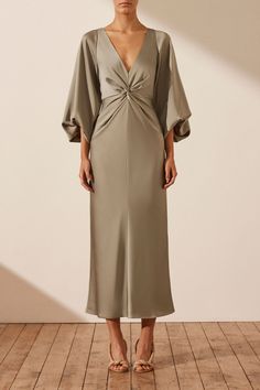 LUXE BALLOON SLEEVE KNOT FRONT MIDI DRESS | Eucalyptus | Dresses | Shona Joy – Shona Joy International Silk Dress Outfit Classy, Casual Silk Dresses, Midi Silk Dress, Shona Joy, Party Dress Long Sleeve, Knot Dress, Silk Touch, Sleeve Midi Dress, Midi Dress With Sleeves