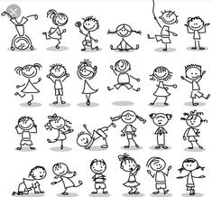 cartoon kids playing and having fun with each other, black and white outlines on a white background