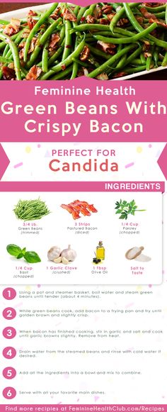 Easy Recipe for Green Beans with Crispy Bacon Recipe For Candida. That will help your Candida treatment. Natural Remedy for Candida with healthy food and diet. Recipe For Green Beans, Treat Yeast Infection, Vegetarian Platter, Fish Curry Recipe, Bacon Recipe