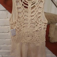 Sexy, Ivory Top Woven/Crochet Back. Beige Stretch Crochet Top For The Beach, Beach Beige Lace Top With Lace Trim, Beige Lace Trim Top For Beach, Chic Crochet Trim Top For Festivals, Bohemian Cream Crochet Top For Day Out, Fitted Bohemian Beige Crochet Top, Fitted Beige Bohemian Crochet Top, Cream Lace Top With Crochet Trim For Beach, Beige Lace Top For Summer Day Out