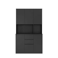 a black cabinet with drawers and cupboards on the bottom, in front of a white background