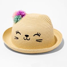 This paper straw, bowler-style hat, embellished with faux flowers, features a gorgeous cat face. Breathable & airy, this straw hat is perfect for summer-time activities. Hat by Claire's Club One size Material: Paper Suitable for ages 3-6 - Claire's Club Straw Bowler Hat Whimsical Straw Hat For Spring Vacation, Whimsical Brimmed Sun Hat For Summer, Whimsical Straw Hat For Spring Beach Outings, Whimsical Straw Hat For Beach In Spring, Whimsical Straw Hat For Spring Beach, Whimsical Adjustable Straw Hat For Summer, Whimsical Sun Hat With Curved Brim For Spring, Whimsical Beach Hat For Spring, Whimsical Adjustable Sun Hat For Summer