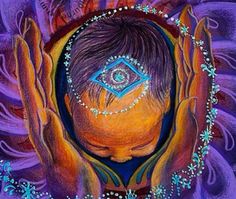 a painting of a person with their hands in the air and an all seeing eye on his forehead