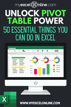 a computer screen with the text unlock pivot table power 50 essential things you can do in excel