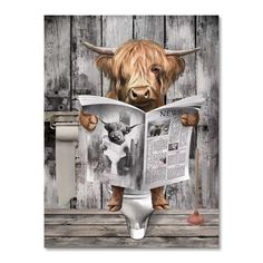 a cow is reading a newspaper while sitting on a toilet seat in front of a wooden wall