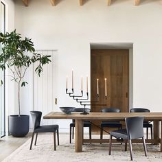 a dining room table with chairs and a potted plant