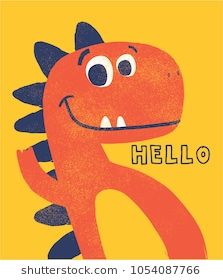 an orange and black dinosaur with the word hello written on it's chest, in front of a yellow background